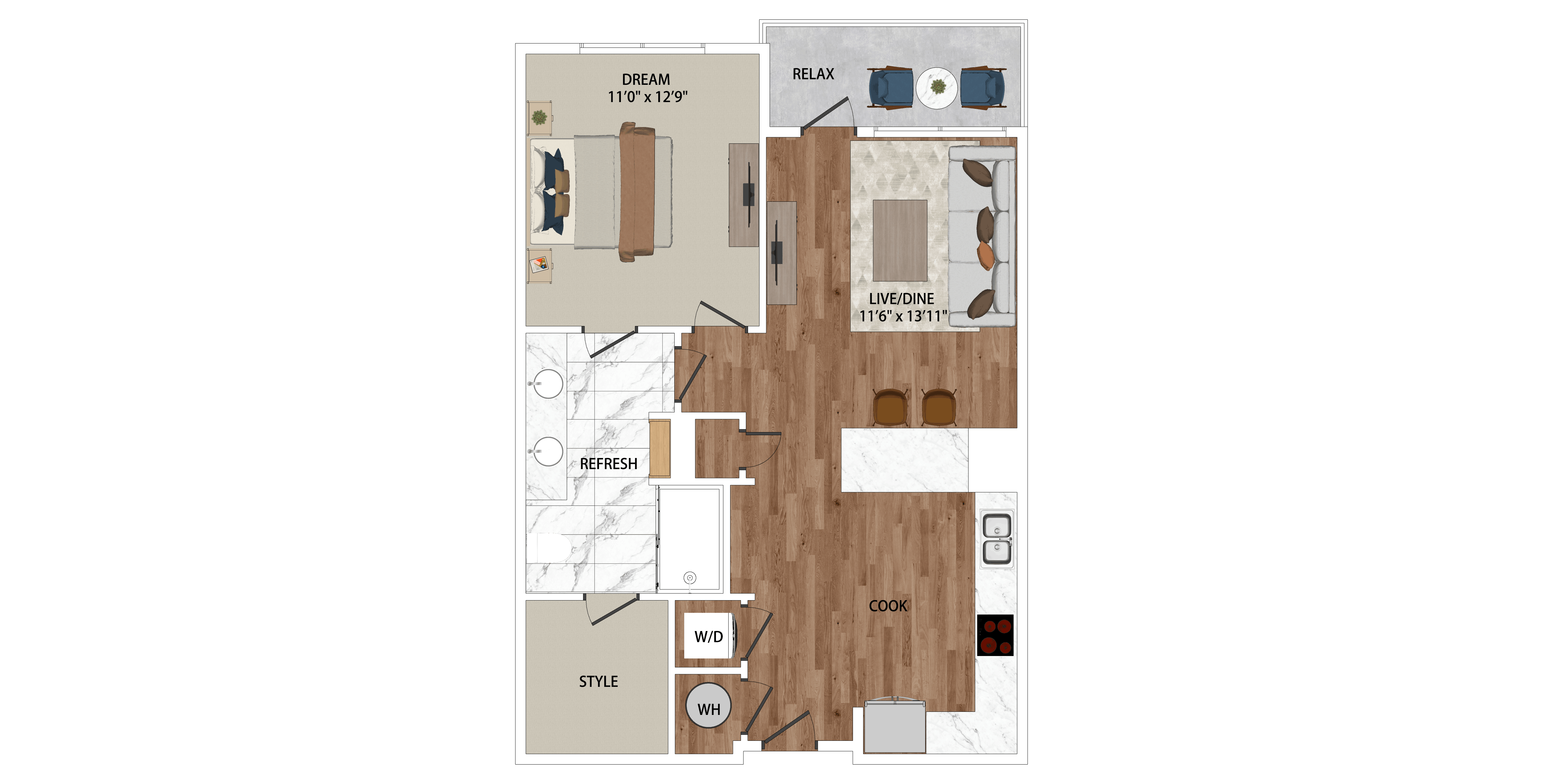 Floor plan for 1 bed, 1 bath, 765 sqft